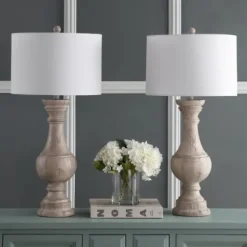 Table Lamps-Kirkland's Home Distressed Ivory Faux Wood Table Lamps, Set Of 2 White