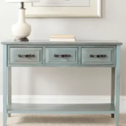 Console Tables-Kirkland's Home Distressed Light 3-Drawer Console Table Blue
