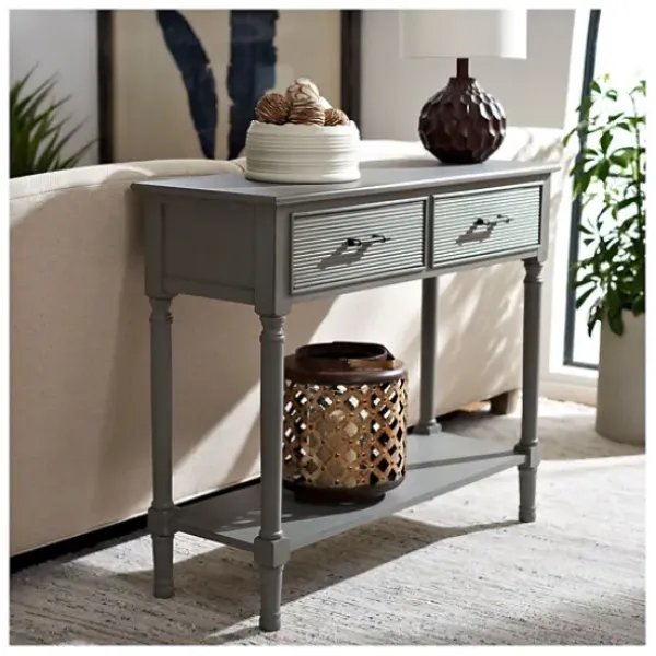 Entryway Furniture-Kirkland's Home Distressed Ronan 2-Drawer Console Table Gray