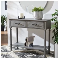 Entryway Furniture-Kirkland's Home Distressed Ronan 2-Drawer Console Table Gray