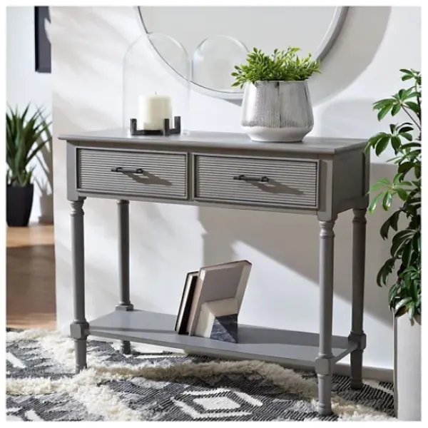 Entryway Furniture-Kirkland's Home Distressed Ronan 2-Drawer Console Table Gray