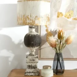 Table Lamps-Kirkland's Home Distressed Round Black Table Lamp Gold/White