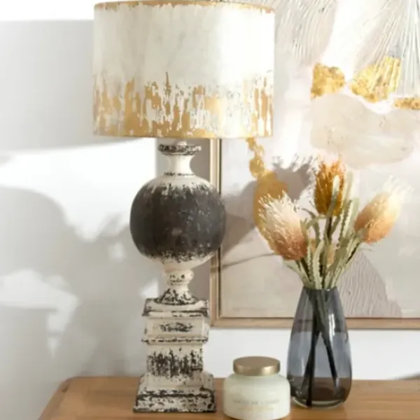 Table Lamps-Kirkland's Home Distressed Round Black Table Lamp Gold/White