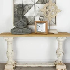 Console Tables-Kirkland's Home Distressed Rustic Carved Console Table White