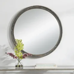 Framed Mirrors-Kirkland's Home Distressed Slate Blue Wooden Round Wall Mirror