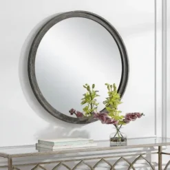 Framed Mirrors-Kirkland's Home Distressed Slate Blue Wooden Round Wall Mirror