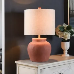 Table Lamps-Kirkland's Home Distressed Terracotta Round Table Lamp Orange