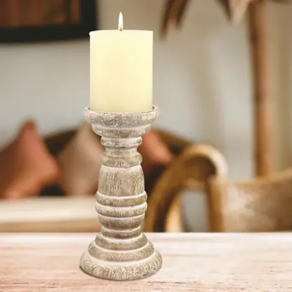 Candle Holders-Kirkland's Home Distressed Turned Wood Candle Holder, 8 In. White