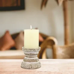 Candle Holders-Kirkland's Home Distressed Turned Wood Candle Holder, 4 In. White