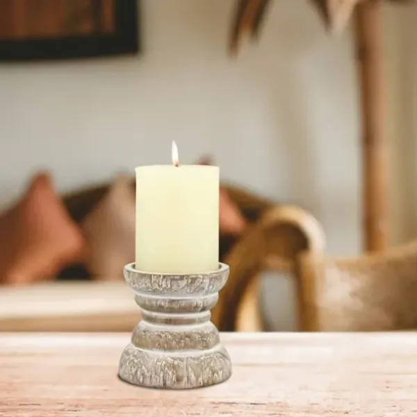 Candle Holders-Kirkland's Home Distressed Turned Wood Candle Holder, 4 In. White