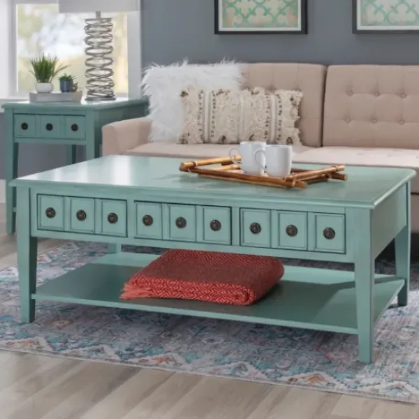 Coffee Tables-Kirkland's Home Distressed Turquoise Wood 3-Drawer Coffee Table Blue
