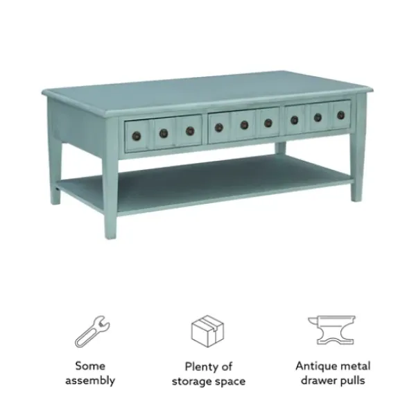 Coffee Tables-Kirkland's Home Distressed Turquoise Wood 3-Drawer Coffee Table Blue