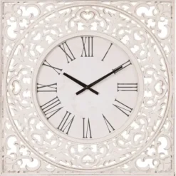 Clocks-Kirkland's Home Distressed White Ornate Wood Carved Wall Clock