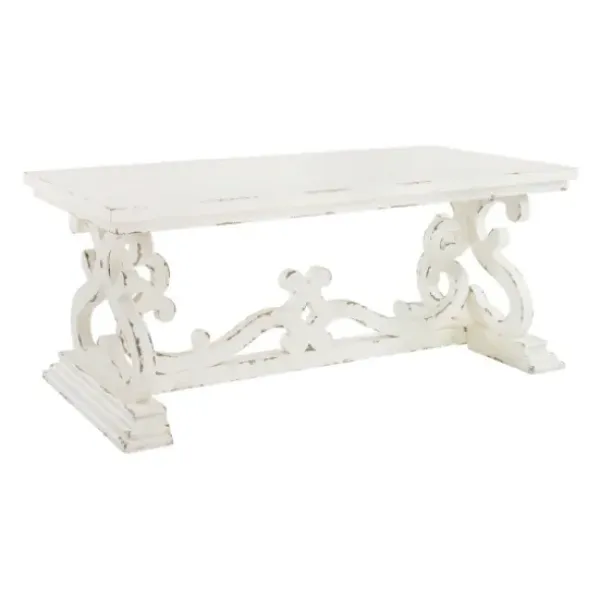 Coffee Tables-Kirkland's Home Distressed White Scrollwork Base Coffee Table White/Tan