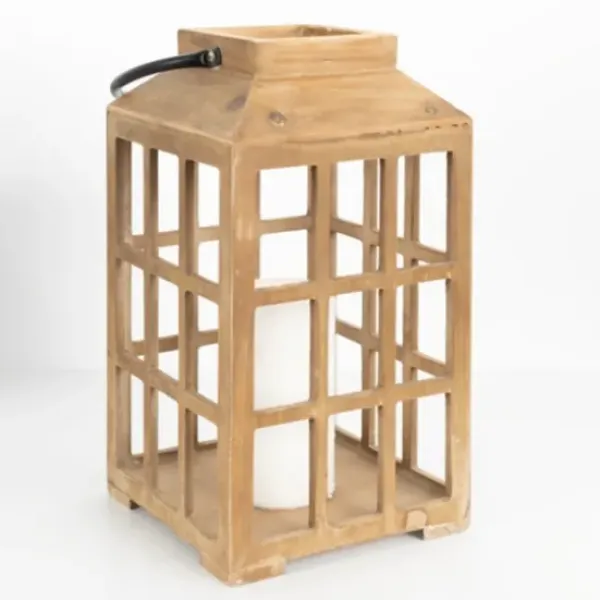 Lanterns-Kirkland's Home Distressed Windowpane Wood Lantern, 12 In. Tan