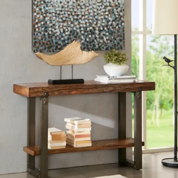 Console Tables-Kirkland's Home Distressed Wood And Gunmetal Console Table Brown