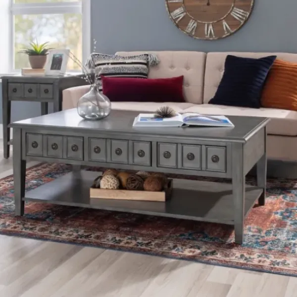 Coffee Tables-Kirkland's Home Distressed Wood 3-Drawer Coffee Table Gray