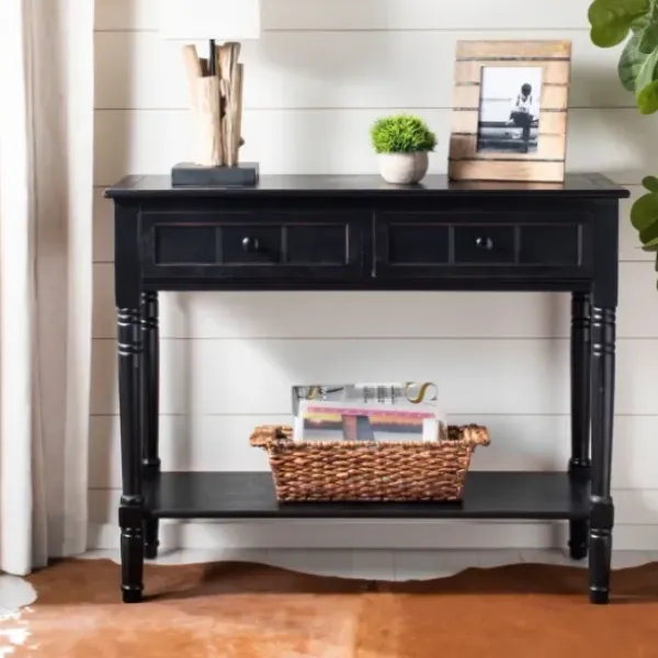 Console Tables-Kirkland's Home Distressed Wood 2-Drawer Console Table Black
