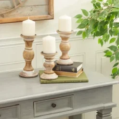 Candle Holders-Kirkland's Home Distressed Wood Pillar Candle Holders, Set Of 3 Brown