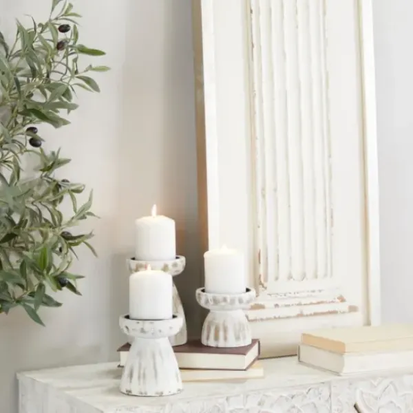 Candle Holders-Kirkland's Home Distressed Wood Pillar Candle Holders, Set Of 3 White
