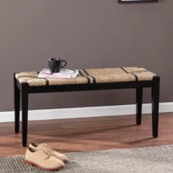 Benches & Ottomans-Kirkland's Home Dominica Woven Seagrass Stripe Bench Tan/Black