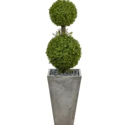 Trees & Topiaries-Kirkland's Home Double Ball Boxwood Topiary In River Rock Planter