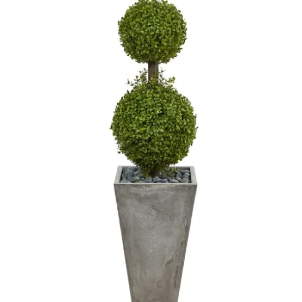 Trees & Topiaries-Kirkland's Home Double Ball Boxwood Topiary In River Rock Planter