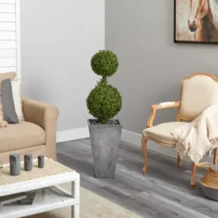 Trees & Topiaries-Kirkland's Home Double Ball Boxwood Topiary In River Rock Planter
