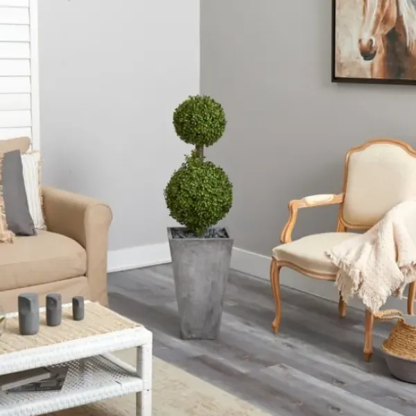 Trees & Topiaries-Kirkland's Home Double Ball Boxwood Topiary In River Rock Planter