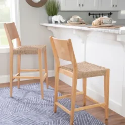 Bar Stools & Counter Height Stools-Kirkland's Home Earthy Basketweave Rubberwood Bar Stools, Set Of 2 Tan
