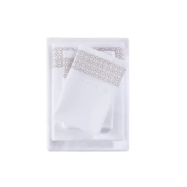 Bed Sheets-Kirkland's Home Elegant Geo Hem Microfiber 4-Pc. Full Sheet Set White/Tan