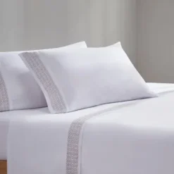 Bed Sheets-Kirkland's Home Elegant Geo Hem Microfiber 4-Pc. Full Sheet Set White/Tan