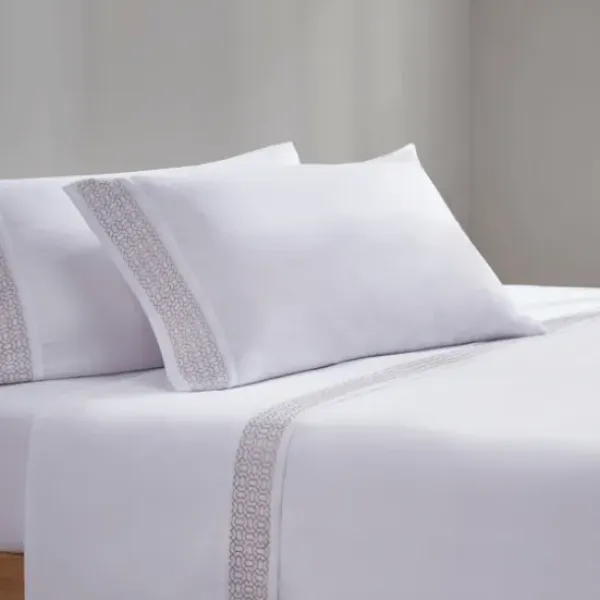 Bed Sheets-Kirkland's Home Elegant Geo Hem Microfiber 4-Pc. Full Sheet Set White/Tan