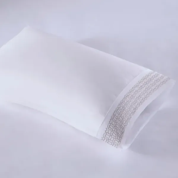 Bed Sheets-Kirkland's Home Elegant Geo Hem Microfiber 4-Pc. Full Sheet Set White/Tan