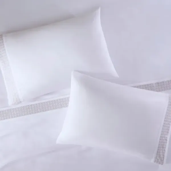 Bed Sheets-Kirkland's Home Elegant Geo Hem Microfiber 4-Pc. Full Sheet Set White/Tan