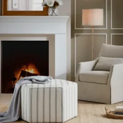 Benches & Ottomans-Kirkland's Home Ellen Stripe Martha Stewart Cocktail Ottoman Ivory