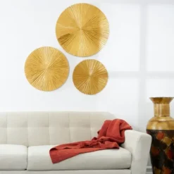 Wall Plaques-Kirkland's Home En Ribbed Sunburst Wall Plates, Set Of 3 Gold