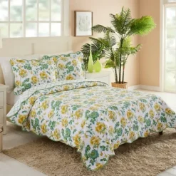 Quilts-Kirkland's Home English Meadow 3-Pc. Queen Quilt Set White/Yellow/Green