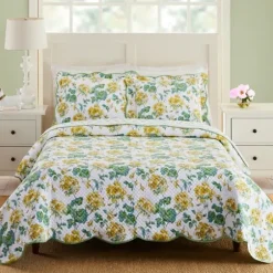 Quilts-Kirkland's Home English Meadow 3-Pc. Queen Quilt Set White/Yellow/Green