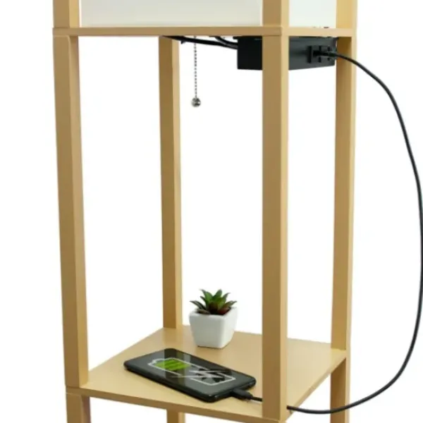 Floor Lamps-Kirkland's Home Etagere Shelf Charging Floor Lamp Tan