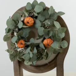 Wreaths-Kirkland's Home Eucalyptus And Baby'S Breath Pumpkin Mini Wreath Green/Orange