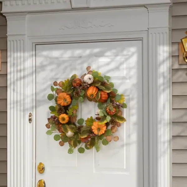 Wreaths-Kirkland's Home Eucalyptus Pumpkin And Pinecone Wreath Green/Orange