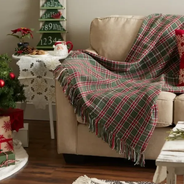 Blankets & Throws-Kirkland's Home Evergreen Forest Plaid Cotton Throw Green/Red