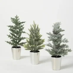 Trees & Topiaries-Kirkland's Home Evergreen Trees In Metallic Planters, Set Of 3 Green/Silver