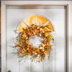 Wreaths-Kirkland's Home Fall Flowers And Foliage Spiral Wreath, 22 In. Orange/Yellow/Green