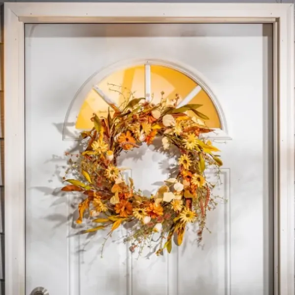 Wreaths-Kirkland's Home Fall Flowers And Foliage Spiral Wreath, 22 In. Orange/Yellow/Green