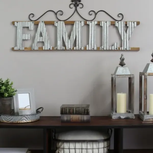 Wall Quotes & Signs-Kirkland's Home Family Scroll Galvanized Metal Wall Plaque Silver/Brown/Black