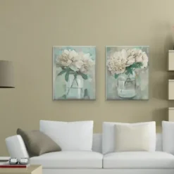 Canvas Art-Kirkland's Home Farmhouse Peonies Canvas Art Prints, Set Of 2 White/Blue/Green/Gray