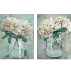 Canvas Art-Kirkland's Home Farmhouse Peonies Canvas Art Prints, Set Of 2 White/Blue/Green/Gray
