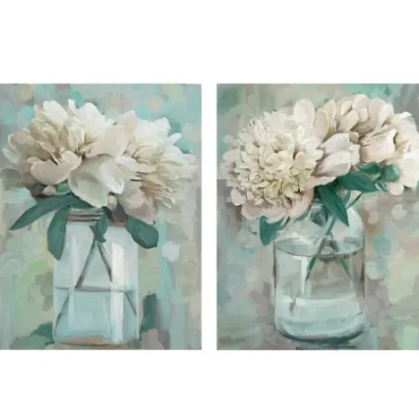 Canvas Art-Kirkland's Home Farmhouse Peonies Canvas Art Prints, Set Of 2 White/Blue/Green/Gray